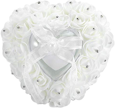 Joyzan Anello Cuscino Matrimonio, Cuscini Anelli con Gioielli Fedi Nuziali Decorato Strass Fiocco Perla Simulazione Perle Finte Bianco Bellissimo Porta come Regalo Kit per Partner Amico Celebrazione