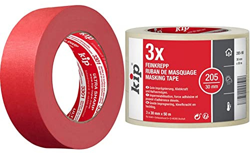 kip Tape 3301 Ultra Sharp Abklebeband – Professionelles Malerkreppband – 36mm x 50m & Tape 205-98 Feinkrepp – Professionelles Malerkrepp – 3 Rollen je 30mm x 50m
