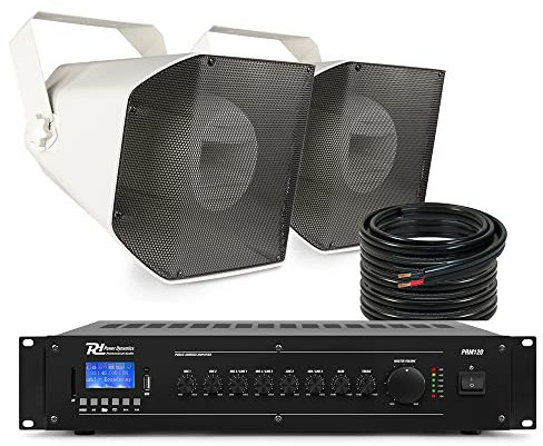 Power Dynamics HS650 Commercial Outdoor Horn Speaker System with Bluetooth Mixer Amplifier - IP66 Rated Weatherproof Audio Solution for Public Address & Background Music (Set of 2 Speakers)