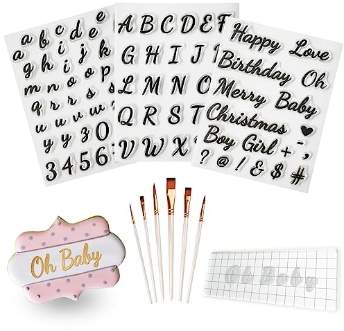 4PCS Alphabet Cake Stamps Tool with Brushes for Fondant Cookie Biscuit, Pretty Handwriting Food Grade Fondant Letter Stamp Uppercase Lowercase Numbers Words Reusable Cookie Stamp for Christmas Party