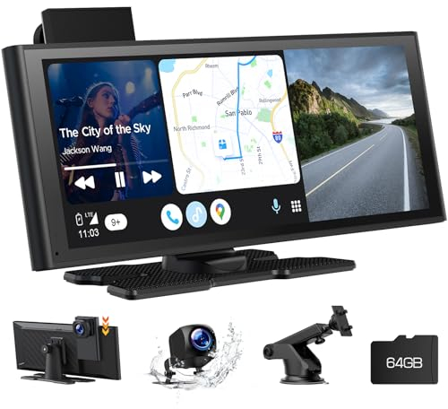 Volam 9.26 Zoll Tragbares Autoradio Carplay Display mit 4K Dashcam Auto Vorne Hinten,1080P Rückfahrkamera, Wireless A-pple CarPlay Android Auto, Mirror Link, GPS, G00gle,Siri, FM,AUX, 64G SD-Karte