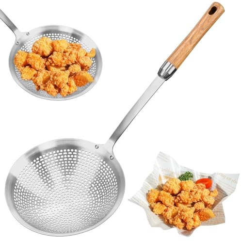 HEKOBAG Écumoire en Acier Inoxydable Grande Cuillère de 42.5cm Avec Long Manche en Bois - Louche Cuisine Avec Trou de Suspension pour Friture, Boulette, Nouille