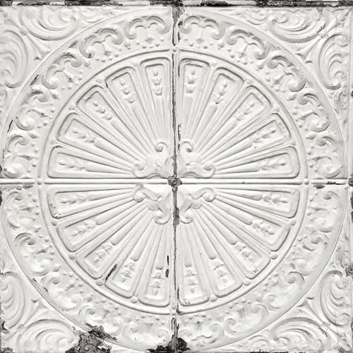 Livelynine White Tin Tile Wallpaper Peel and Stick Vintage Faux 3D Embossed Contact Paper Decorative Old Metallic Self Adhesive Wallpaper for Kitchen Bathroom Ceiling Bedroom Walls Ceilings 17.5x78.8