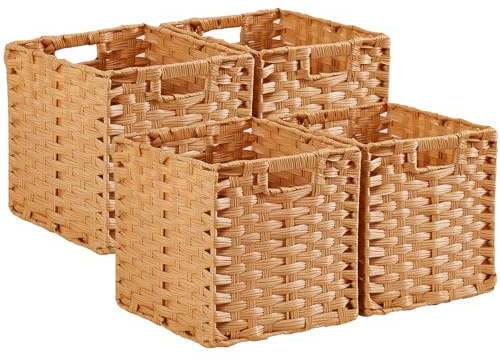 SOCOHOME Cesta de almacenaje, 28x28x28 Cajas de almacenaje de ratán de imitación para juguetes Estantería de ropa Armario de bebé Impermeable, no mohoso (Beige, 4 piezas)