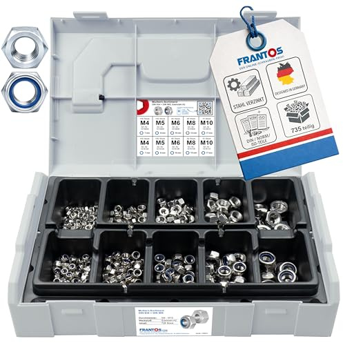 FRANTOS L-BOXX Mini DIN 934 Sechskantmuttern DIN 985 Sicherungsmuttern Sortiment M4-M10 735 tlg. (Stahl verzinkt) selbstsicherende Stoppmuttern Muttern Set