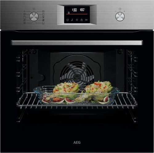 AEG Einbaubackofen, Serie 5 Ringheißluft: Gleichmäßige Garergebnisse auf 3 Ebenen, Pyrolyse Selbstreinigung, 45 Automatikprogramme, LED-Touchdisplay, Schnellaufheizung, Edelstahl, OU5PB40WSM