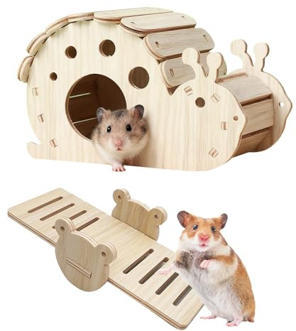 FOSDICK Maison Hamster, Cabane Cochon d'Inde en Bois, Maison pour Hamster Forme d'Escargot avec Hamster Jouet Balançoire à Bascule en Bois, Cachette pour Hamsters, Chinchilla, Gerbilles, Petit Animal