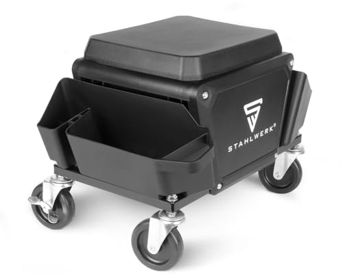STAHLWERK Taburete de taller, asiento de taller con ruedas MMH-135 ST hasta 135 kg, organizador de herramientas grande con cajón y compartimentos laterales, silla de taller, taburete con 4 ruedas