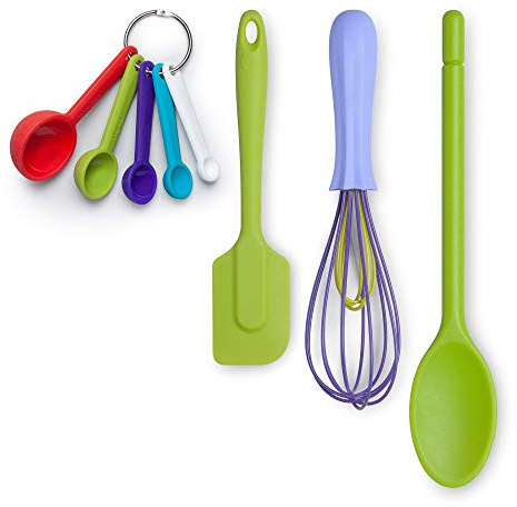 Zeal JSET41L Non-Stick Silicone Spatula, Whisk, Traditional Measuring Spoons 4-Piece Baking Set, Lime/Purple/Bright Mix