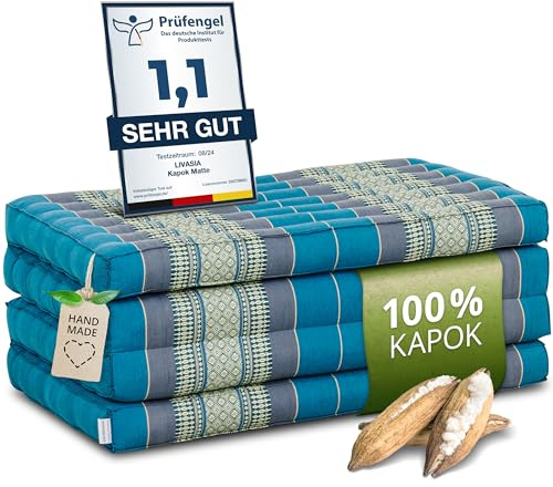 livasia Nachhaltige Klappmatratze aus Kapok - 200x80x8cm - Gästematratze, Faltbare Matratze für Van, ökologische Yogamatte, klappbares Gästebett, Liege für Garten und Balkon (Hellblau)