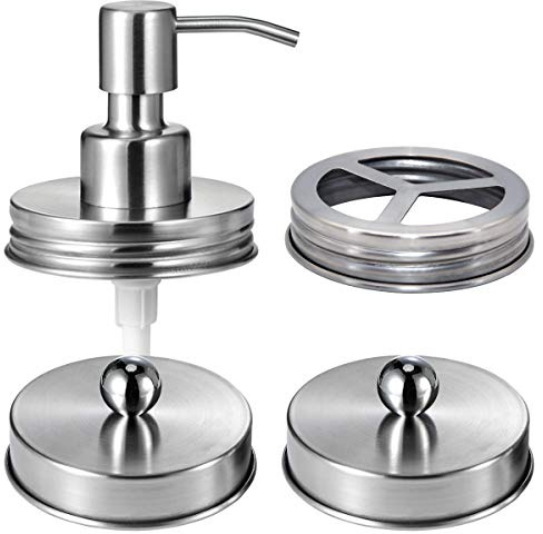 Mason Jar Bathroom Accessories Lids Set(4pcs) -Jars Not Included -Soap Dispenser,Toothbrush Holder,and Apothecary Storage Jars Lids for Regular Mouth Mason Jars -Rustic Farmhouse Decor, Brushed Nickel | Apothecary Jars Lids for Regular Mouth Mason Jars - Rustic Farmhouse Decor, Jars Not Included