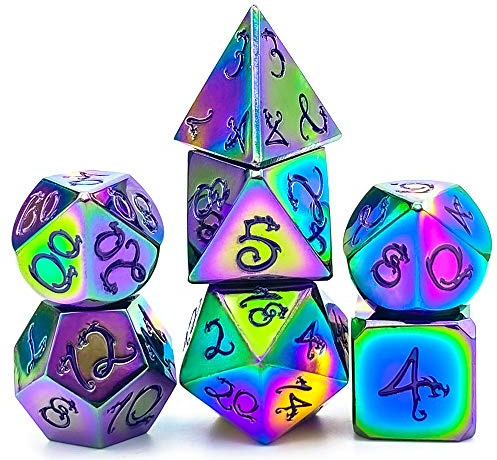 World of Dice Metallwürfel-Set Drachenwürfel - Prisma - Pen & Paper Würfel-Set aus Metall, 7-teiliges polyedrisches Set, für Dungeons and Dragons, DSA, Cthulhu, UVM.