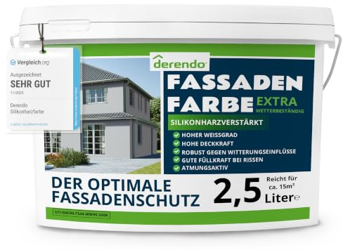derendo Fassadenfarbe Grau EXTRA silikonharzverstärkt aussen Hellgrau 2,5l | Für Putz Beton, Abperleffekt, wasserabweisend, UV-beständig, hohe Deckkraft, rissfüllend, diffusionsoffen, Made in Germany