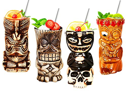 Tiki becher,Tiki gläser set,cocktail becher,4-teiliges Cocktailgläser-Set,Tiki barzubehör,Hawaii-Party für Premium Tropische Tassen Getränke für exotische Party