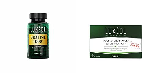 Luxéol – Biotine 1000 μg – Favorise la Pousse des Cheveux – Made in France – Complément Alimentaire – 90 Gélules – 28,6 g & Pousse Croissance & Fortification - Programme Cheveux 3 Mois - 30 Gélules