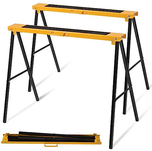 COSTWAY Folding Saw Horse Twin Pack, 275kg Capacity Heavy Duty Work Bench with Anti-Slip Work Top, Convenient Handle & Footpads, Fully Assembled Metal Trestle Stands Sawhorse for Sawing Work
