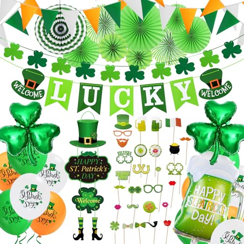 iZoeL Decoration Saint Patrick Accessoire Saint Patrick - Ballon Bannière Irlandais Flag Lucky Guirlande Trèfle Irlandais Bannière Décorations Suspendues Photomaton, pour Rue Bar Salon Entrée