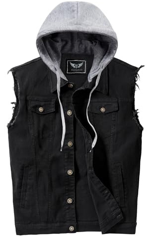 RongYue Chaleco de mezclilla para hombre, casual, con botones, elástico, desgastado, sin mangas, con capucha, Negro -, Large
