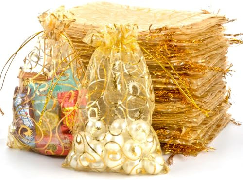 100 Stück 10×15cm Organzasäckchen Gold Muste,Kleine Säckchen zum Befüllen, für Hochzeit Geschenktüten,Geburtstagstüten,Weihnachten Geschenkverpackung,Süßigkeiten Tüten