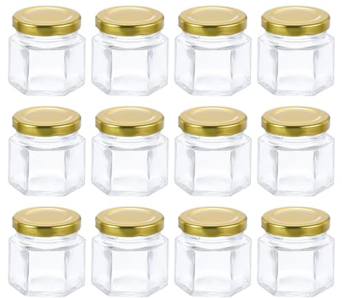 sourcing map Lot de 12 petits pots à miel hexagonaux en verre de 56,7 g avec couvercles dorés pour fête de mariage, fête prénuptiale