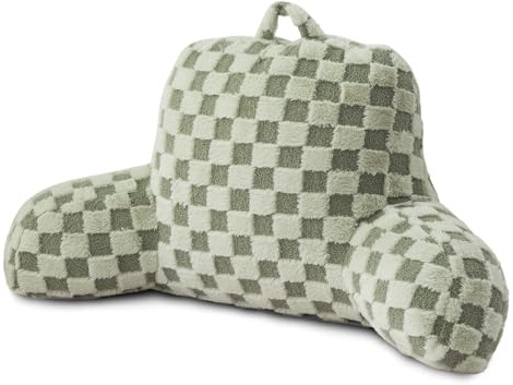 A Nice Night Faux Fur Reading Pillow,Checkered Fluffy Grid Plaid,Bed Wedge Pillow Large Adult Children Backrest with Arms for Bedrest,Green