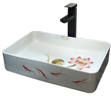 XFZJCHAP Bathroom Vessel Sink Bowl Basin Vintage Square Hand-painted Lotus Fish Washbasin Fine Bathroom Sink Washbasin Household Countertop Basin Lavatory Above Counter Vanity Sink