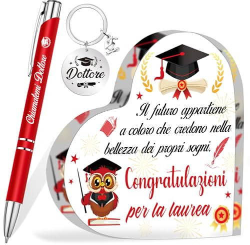 HOWAF Regalo Laurea Uomo, Targa Cuore Decorativi Acrilico Placca Ornamenti Laurea, Dottore Penna a Sfera, Portachiavi Dottoressa, Regali per Laurea Dottore, Gadget Laurea, Bomboniere Laurea