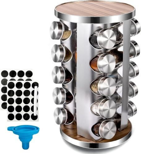 SMH LINE® Estantería para especias con 20 tarros de especias, carrusel de especias giratorio 360°, soporte para especias de acero inoxidable 430, soporte para especias de pie con etiquetas y