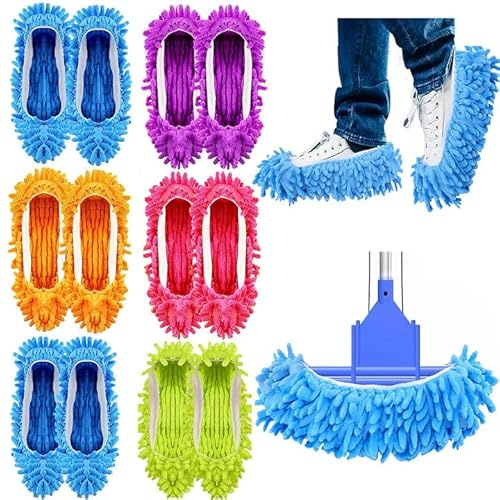 Cptoion 6 Paar Mop Schuhe, Mopp-Hausschuhe, 5 Farben | Waschbare Hausschuhe Bezüge, Wiederverwendbar Putzschuhe Microfaser Waschbare for Kinder, Damen, Bodenreinigung