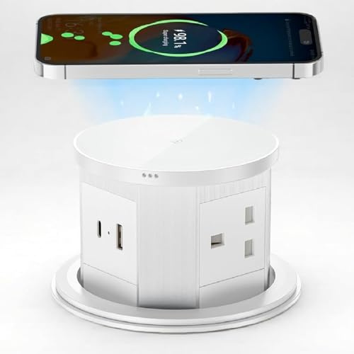 Pop up Socket with 15W Wireless Fast Charger, Safe Touchscreen Pop up Power Sockets Automatic Pop-up Extension Socket with USB & Type C Port for Home Kitchen Office Worktops Desktop (White)