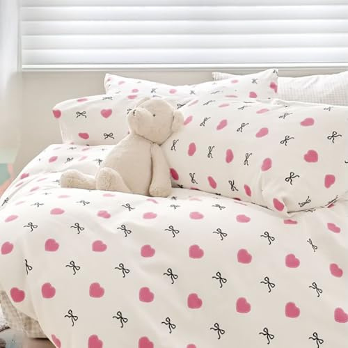 AShanlan Bettwäsche 135x200 Baumwolle Rosa Herzen Schleifen Muster | Bettbezug 135x200 cm mit Kissenbezug 80x80 cm, für Mädchen Kinder, ÖkoTex Bettwäsche-Sets mit Reißverschluss