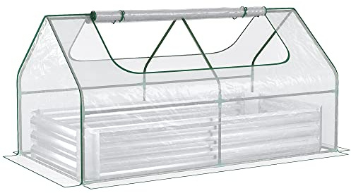 6' x 3' Galvanized Raised Garden Bed with Mini PVC Greenhouse Cover, Outdoor Metal Planter Box with 2 Roll Up Windows for Growing Flowers, Fruits, Vegetables and Herbs, Silver