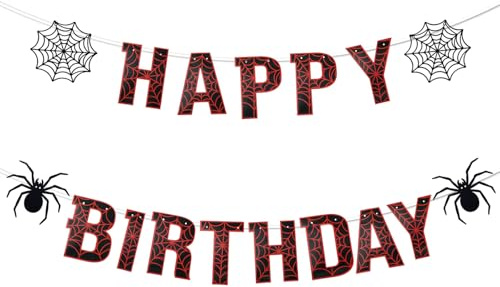 Spinnennetz-Happy Birthday-Banner, Schwarze Spinnen-Themen-Geburtstagsparty-Dekorationen Vorbespannt Cartoon-Themenparty-Dekor für Jungen und Kinder Party-Dekoration (Rot, Schwarz)
