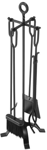 VEVOR Ensemble d'outils de cheminée 5 pièces, ensemble serviteur de cheminée en fer forgé avec support à quatre branches, pelle à cendres, brosse, tisonnier, pour feu de camp intérieur/extérieur, noir