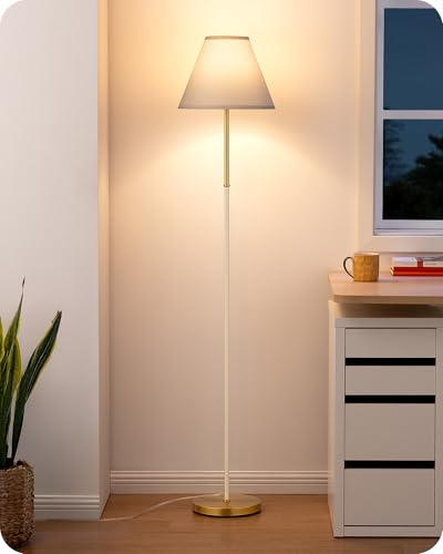 EDISHINE Lámpara de Pie Retro para Salón, Pantalla de Algodón-Lino y Estructura Metálica, Bombilla LED 2700K Incluida, Lámpara E27 para Habitación Infantil, Dormitorio y Rincón de Lectura, Blanco