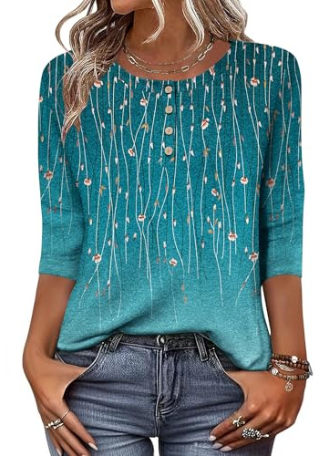 Zeagoo T-shirt för damer, med 3/4-ärm, tröja med rund hals, basic topp, Henly till sommaren, ledig, lätt och lång, storlek S–XXL, L