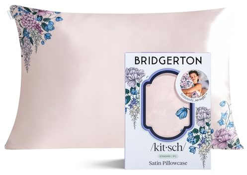 Bridgerton x Kitsch Satin Pillowcase with Zipper for Hair & Skin - Softer Than Silk Pillow Cases, Smooth Cooling Satin Pillow Case, Wrinkle-Free Pillow Cases Standard Size (19x26) - Wisteria