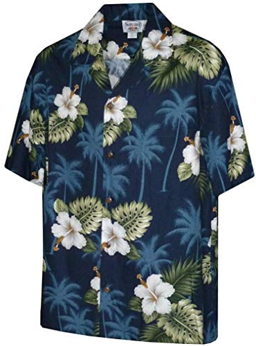 Pacific Legend Herren-Hawaiihemd mit Blumenmuster und Hibiskus und Palme, Marineblau mit weißen Blüten, L