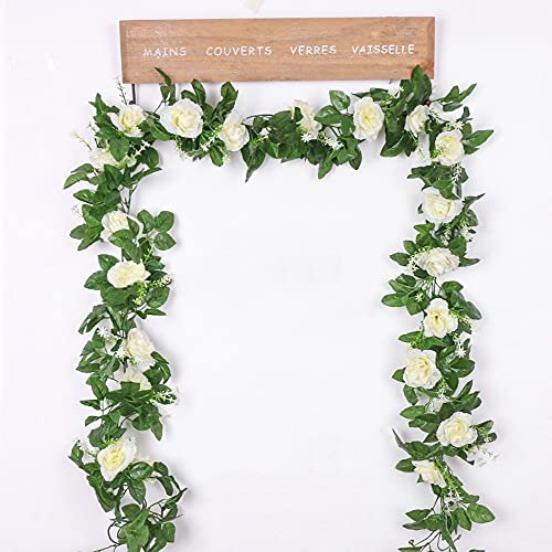 1 Stück 2.2m Künstliche Rosen Girlanden Vintage Blumengirlande Blättern Rebe Seidenblumen Girlanden Hängende Kunstblumen Girlande Deko für Hochzeit Party Haus Garten Bogen Wände Weihnachten,Weiß