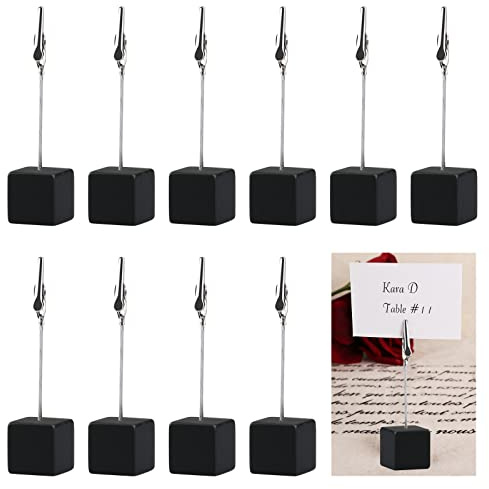sinzau Memo Clip Holder 10 Pieces, Picture Holder with Clips, Stand Wooden Card Table, vertical Note Cube for Photos, Black