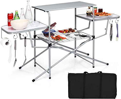 Tangkula Folding Grill Table, Aluminum Camping Kitchen Table with Cook Station, Hooks, Portable Camp Cook Table with Storage Organizer Shelves, Carrying Bag, Ideal for Picnic, BBQ, Party, Outdoor