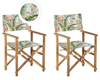 Beliani Zwei Gartenstühle helles Akazienholz Textil grau/bunt Flamingomuster Cine