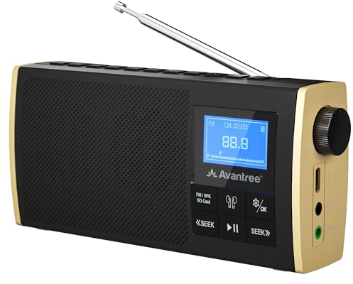 Avantree Soundbyte T - Portable FM Radio with Bluetooth Speaker, Audio Transmitting to Wireless Headphones, SD Card Player Capabilities, 11hr Rechargeable & Replaceable Battery & FM Channel Presets