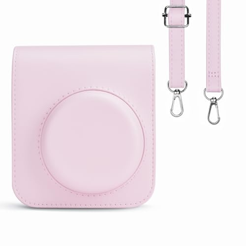 Rieibi Housse pour Instax Mini 12 - Housse de Protection en Cuir PU pour Appareil Photo Instantané Fujifilm Instax Mini 12 - Housse Amovible avec Bandoulière - Rose