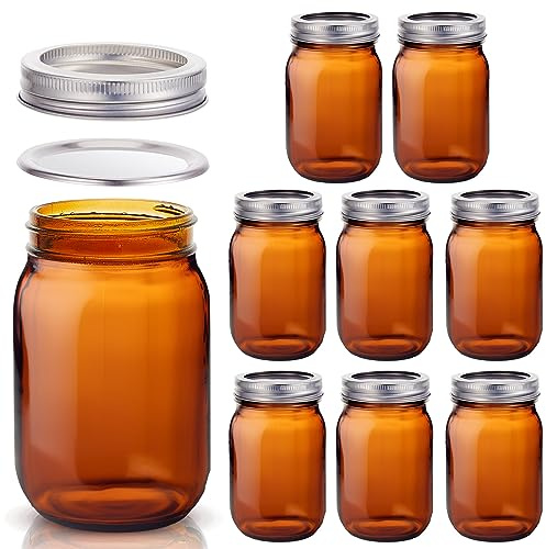 Norme 8 Pieces Amber Mason Jars 16 oz Amber Glass Mason Jar with Airtight Lids Canning Apothecary for Pickle Fermenting Canning Freezing Beverages Preserving Decor