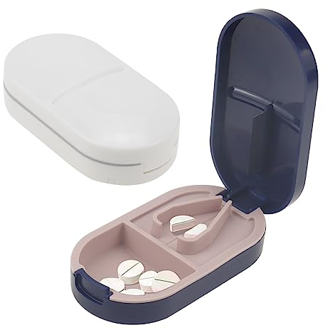 DXLing 2 Stücke Pillenteiler Tablettenschneider Tablettenteiler für Kleine tabletten und Große Pillen Medikamententeiler Exakt mit Tablettenaufbewahrungsfach Teilt Pillen Exakt (blau+weiß)