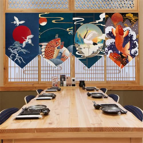 Hiseng 4 Stück Japanischer Stil Noren Leinen Kurze Vorhänge Türvorhang Raumteiler Tapisserie Heimtextilien Raumteiler für Japanische Sushi-Bar, Dekoration (30x50cm,Stil 8)