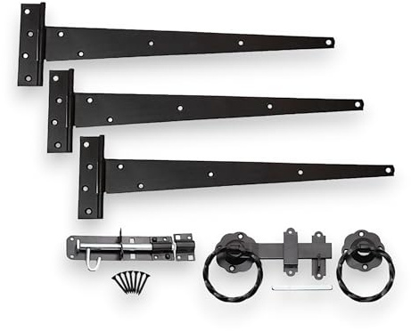 Gate Fitting Kit Tee Hinges (3) 18 450mm Brenton Bolt Twisted Ring Latch Set Wooden Garden Gate Black