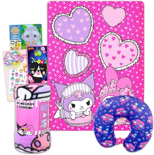 Hello Kitty Ensemble coussin de nuque et couverture Hello Kitty - Ensemble avec oreiller de voyage Hello Kitty - Couverture polaire My Melody, tatouages, livre d'activités d'autocollants et plus |