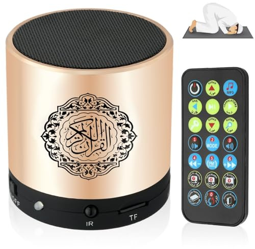 Digital Quran Speaker FM Radio,Quran Speaker MP3 Player with Remote Control, Quran Translator, USB Rechargeable, 8GB FM Radio, Over 16 Reciters and 16Translations Available (Gold)